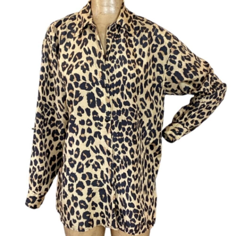 VTG‎ Stunt 100% Silk Leopard Print Button Up Blouse Tunic Top S #303B